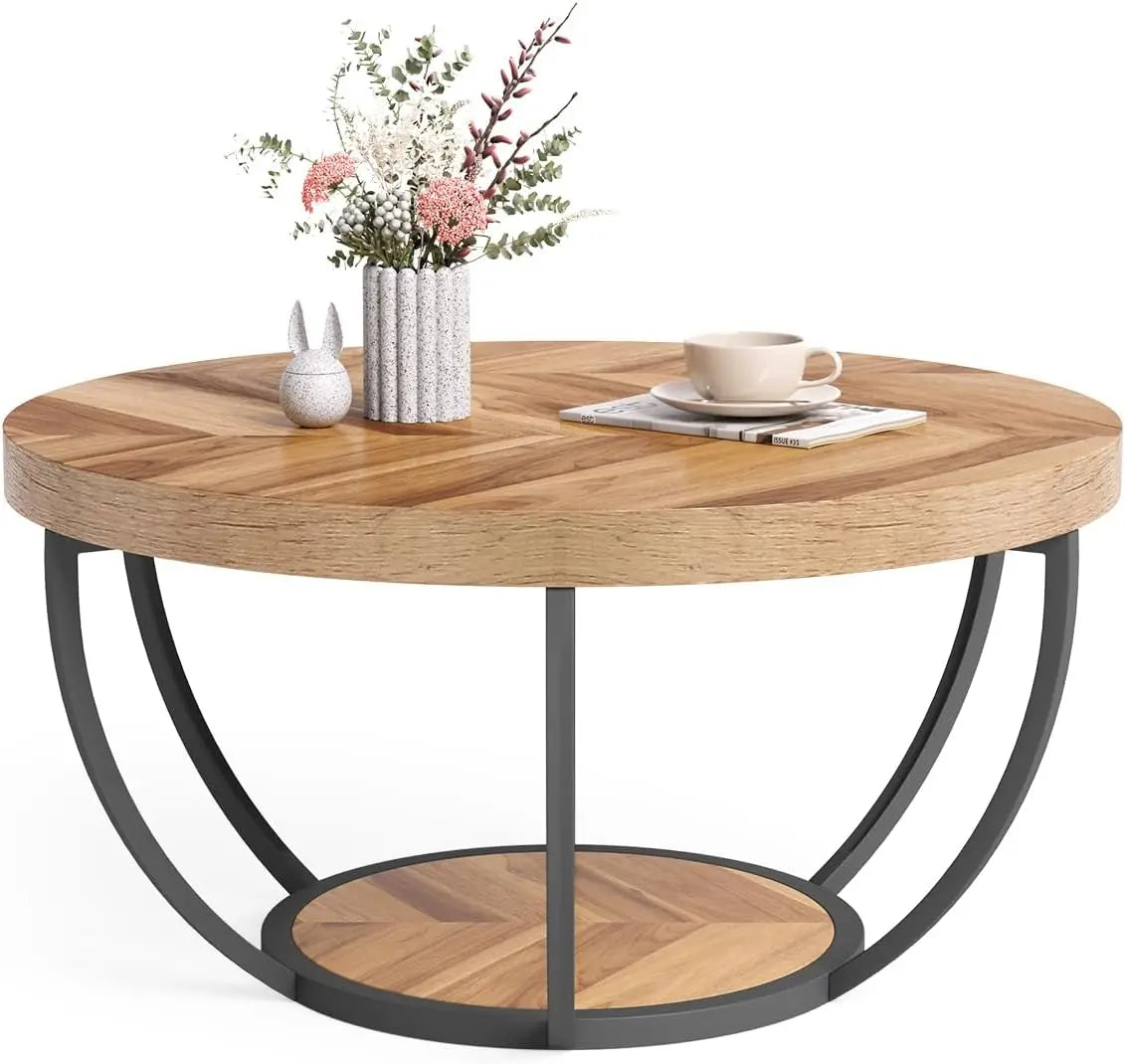 32" Circle Marble Coffee Table, 2-Tier Metal Legs Accent Center Table with Open Storage