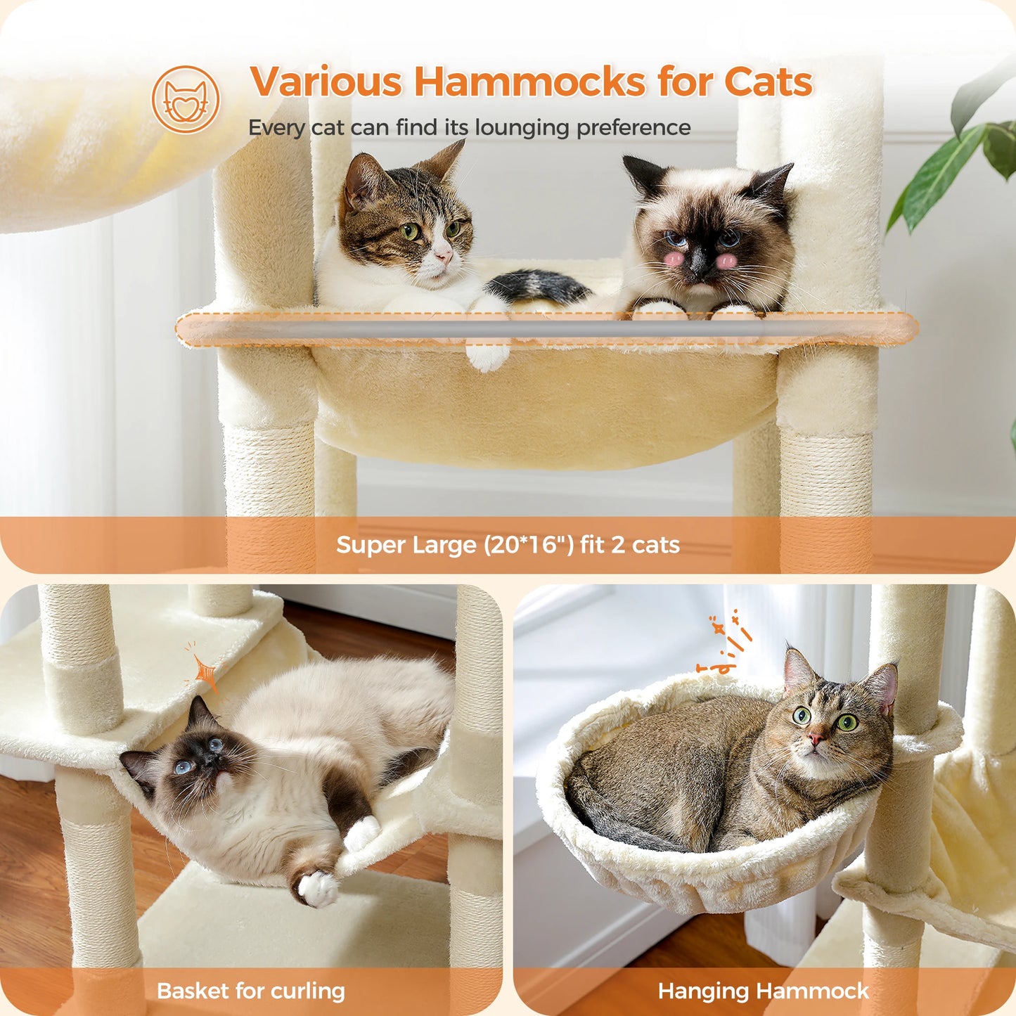Large Multi-Level Cat Tree Tower with Scratching Posts,
cozy Hammock, Condo House, Tall Cat Scratcher for Indoor, Pet Toys