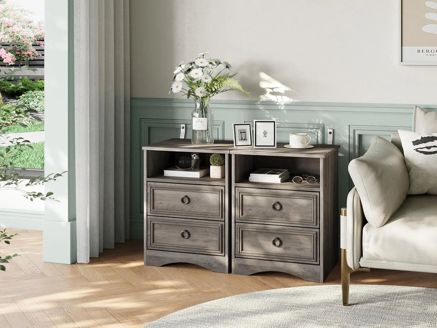 Set of 2, Night Stand with Drawers,
End Table with Open Storage for Bedroom