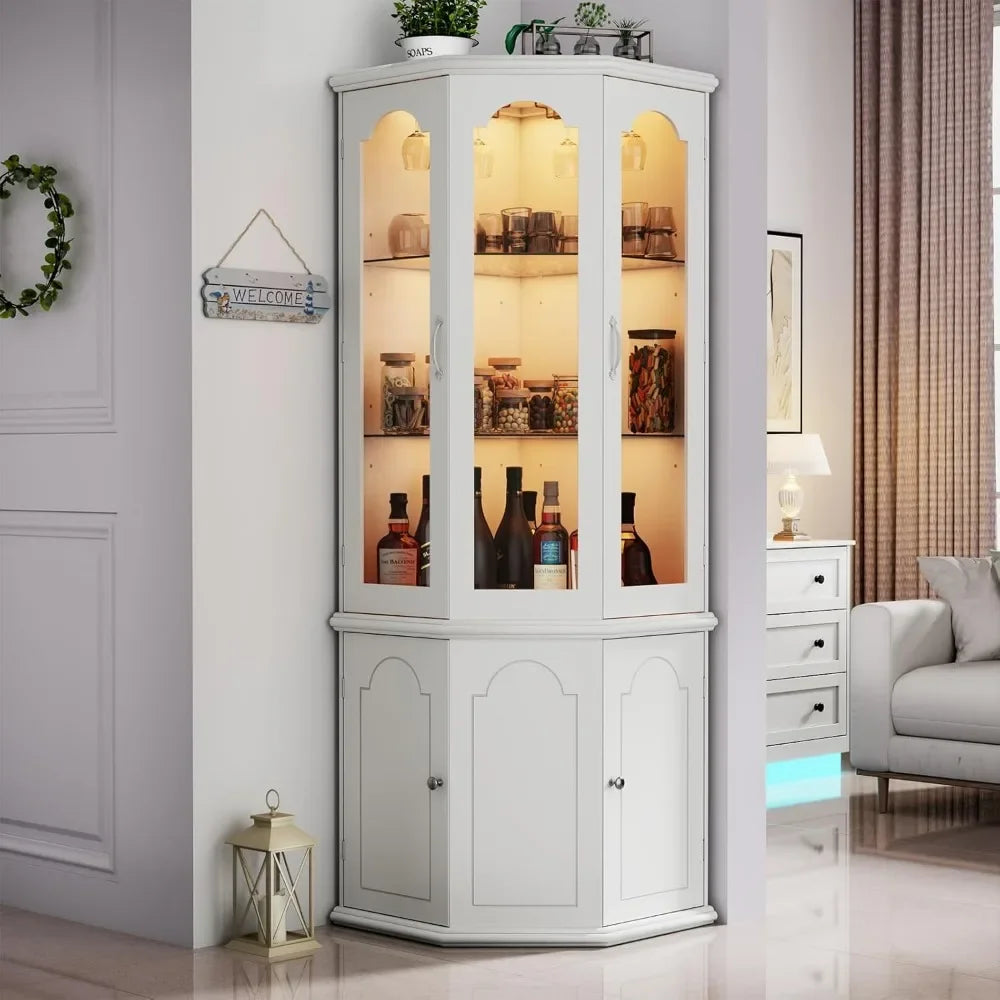 Corner Bar Cabinet w/LED Lights, Tall Modern Wine Cabinet with Tempered Glass Door
& Adjustable Shelves, Home Bar Liquor Storage