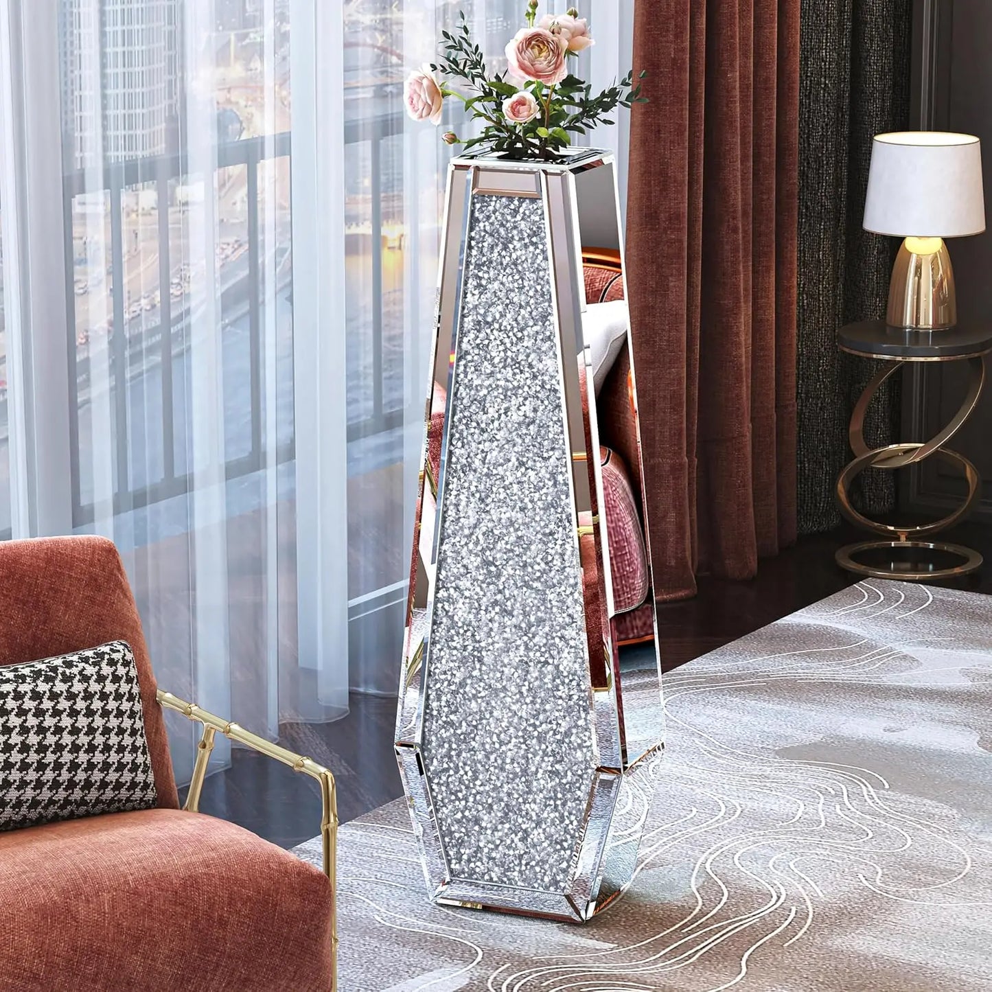 27" Tall Floor Crystal Vase Crushed Diamond