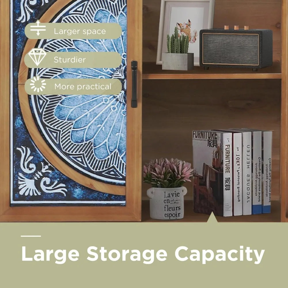 2-Door Accent Cabinet, Distressed Storage Cabinet with Blue and White Porcelain Pattern