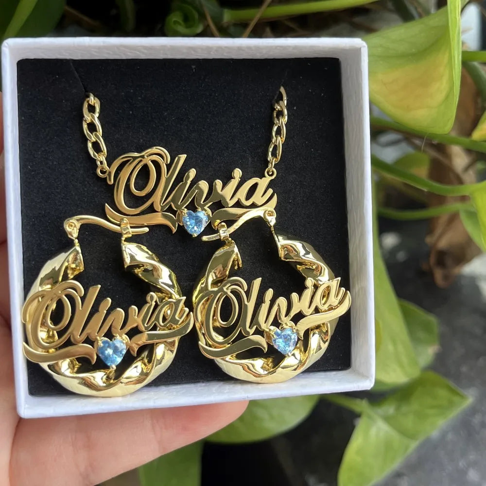 Custom Birthstone Jewelry Set Persoanlized Jewelry Pendant Necklace Hoop Earrings