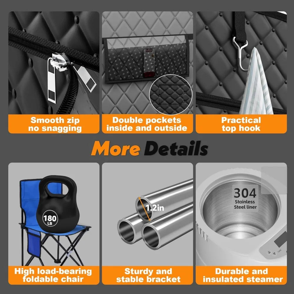 2 Person Portable Steam Sauna for Home
2 Foldable Chair & Remote Control (Black)
