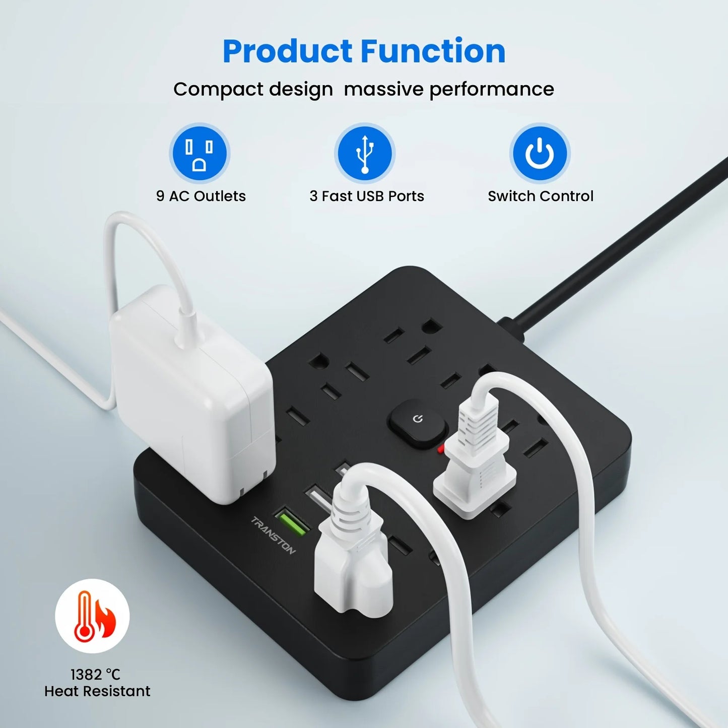 Power Outlet with Surge Protector, 9 sockets 3 USB Ports,
5ft Extension Cord, Quick Charge, For Home and Office,Black