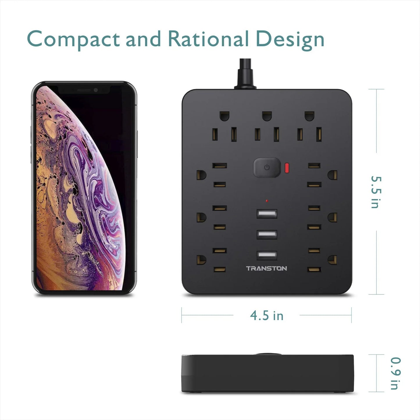 Power Outlet with Surge Protector, 9 sockets 3 USB Ports,
5ft Extension Cord, Quick Charge, For Home and Office,Black