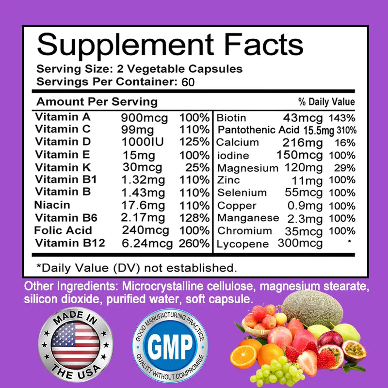 Men's Daily Multivitamin - 22 Vitamins & Minerals
Dietary Supplement for Immunity, Energy, Digestion, Skin, and Overall Health