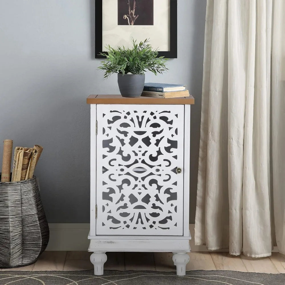 Accent Cabinet Small with Single Door, 31.5" Tall Side End Table,
Distressed Nightstand with Wooden Frame and Hollow Carved Door