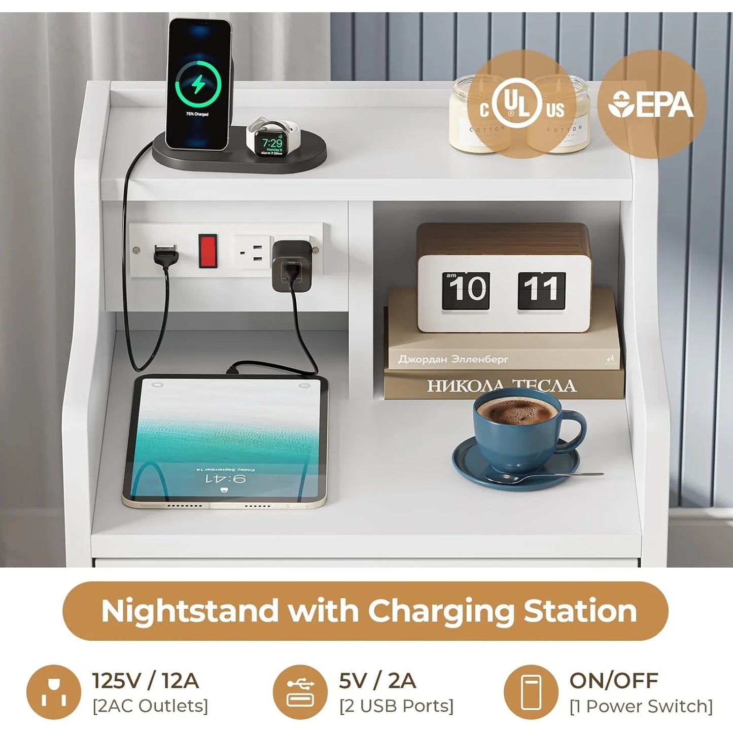 Charging Night Stand with Hutch & Storage Drawer 13.8"D x 17.7"W x 26.8"H
