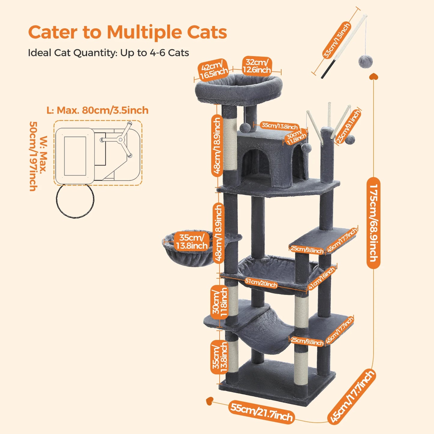 Large Multi-Level Cat Tree Tower with Scratching Posts,
cozy Hammock, Condo House, Tall Cat Scratcher for Indoor, Pet Toys