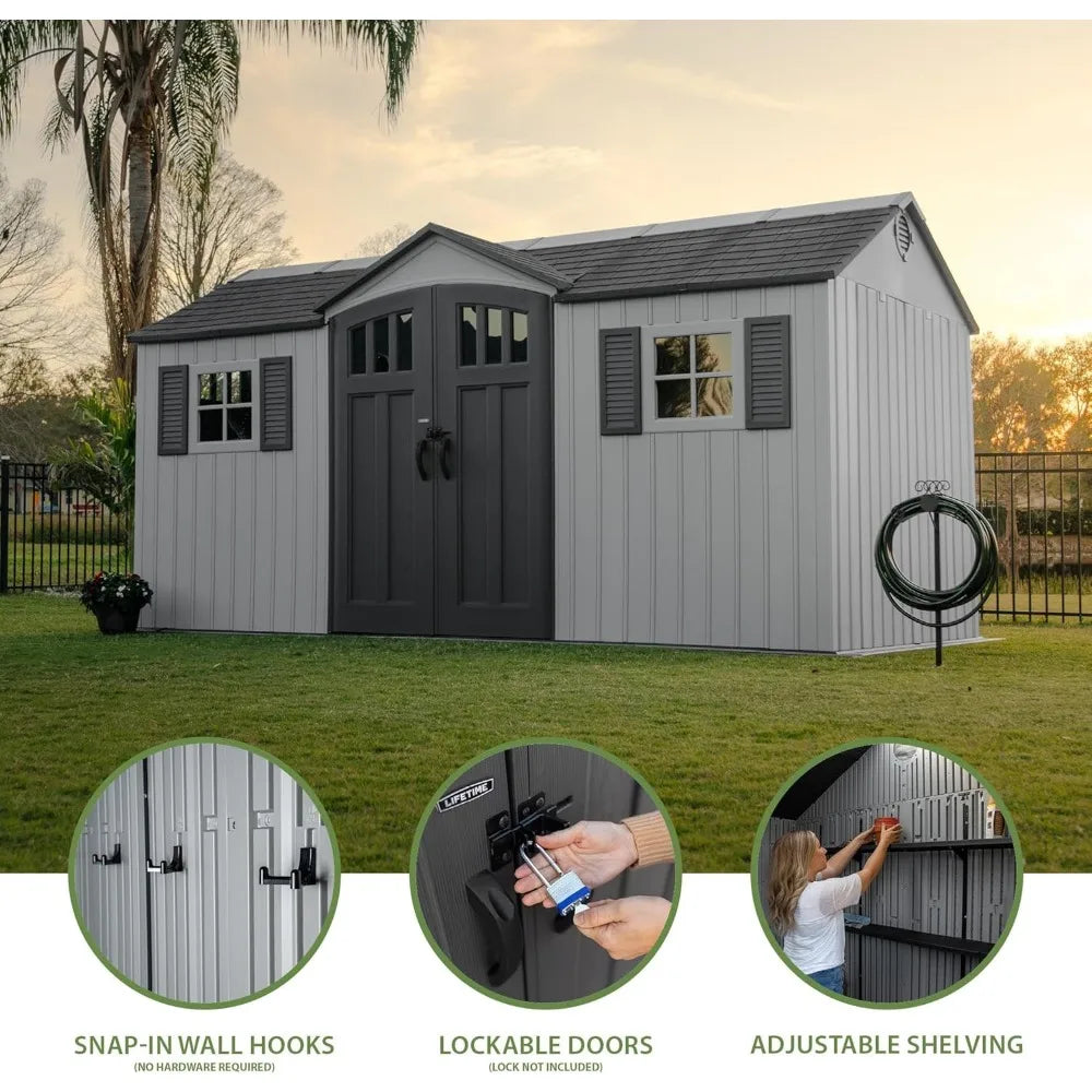 Dual Entry Outdoor Storage Shed, 15 x 8 Foot Sheds & Storage
for Garden Backyard, Patio, Lawn, Brown Gray Dual Entry