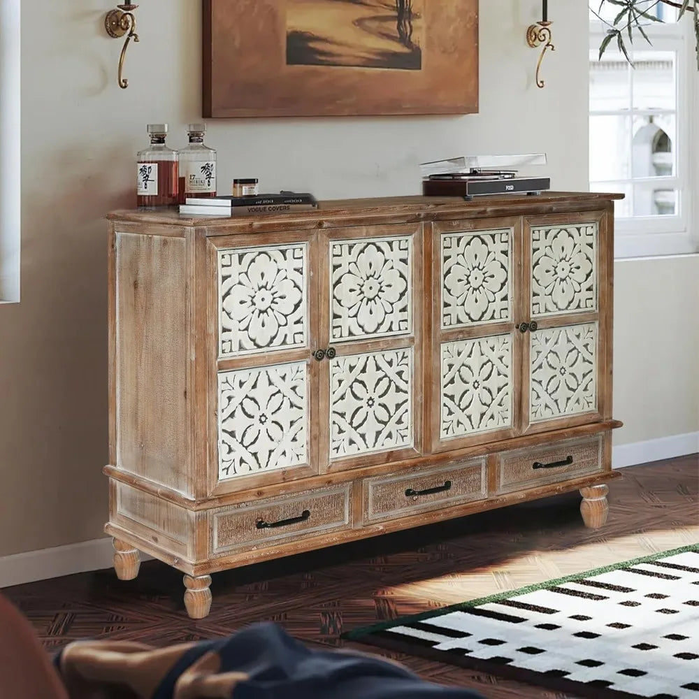 Accent Cabinet with 4 Doors & 3 Drawers,
Hollow Carved Storage Sideboard, Wood Buffet Cabinet for Living Room, Dining Room