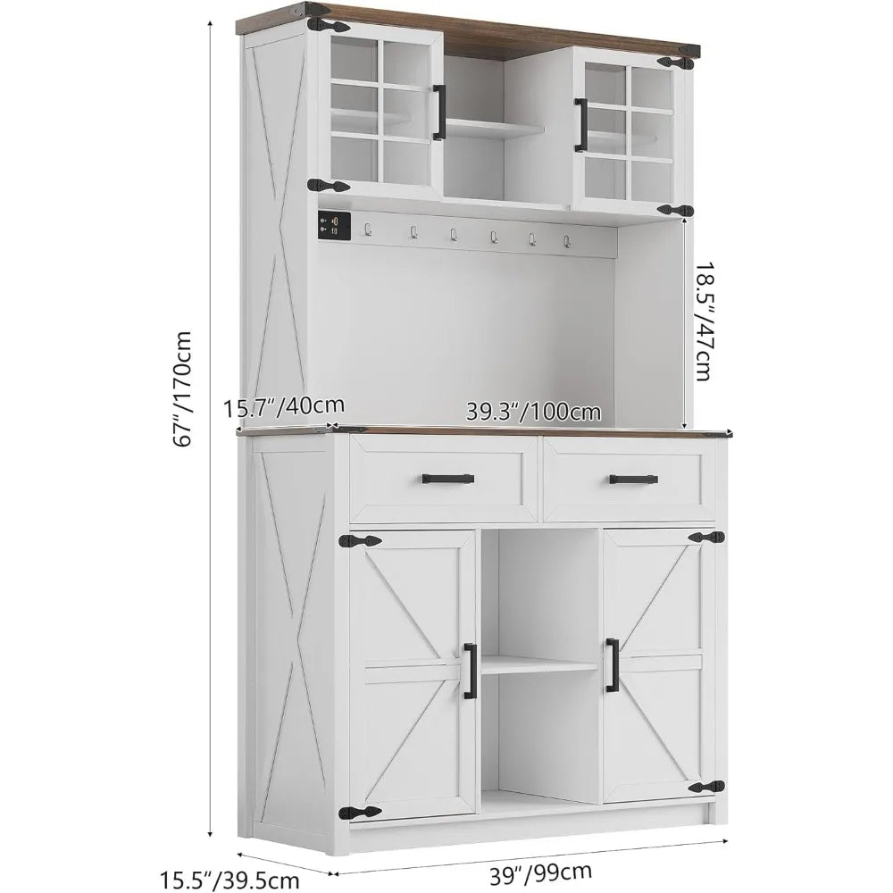 Bar Cabinet with LED Lights & Power Outlets,
Kitchen Buffet with Hutch & 2 Large Drawers
, Barn Door Design, 8 Storage Shelves