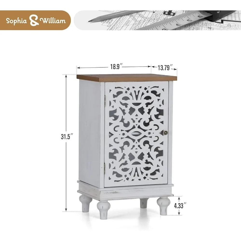 Accent Cabinet Small with Single Door, 31.5" Tall Side End Table,
Distressed Nightstand with Wooden Frame and Hollow Carved Door