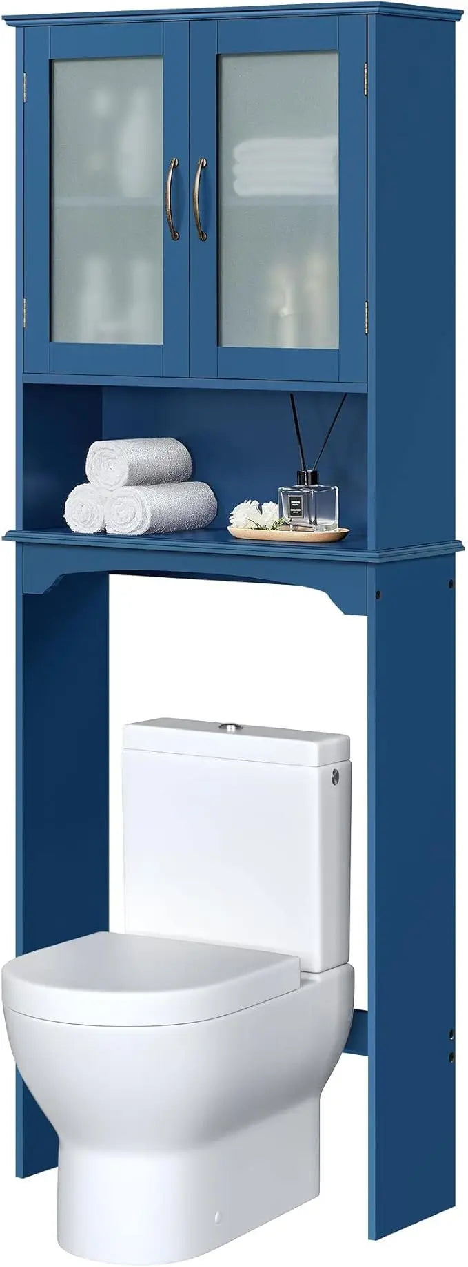 Over The Toilet Storage Cabinet with Double Tempered Glass Doors and Adjustable Shelf,