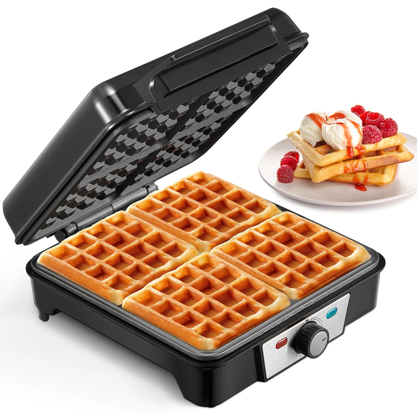 4-Slice Belgian Waffle Maker
3 Browning Levels with Nonstick Square Waffler Iron Plates, 1200 Watts, Compact Design