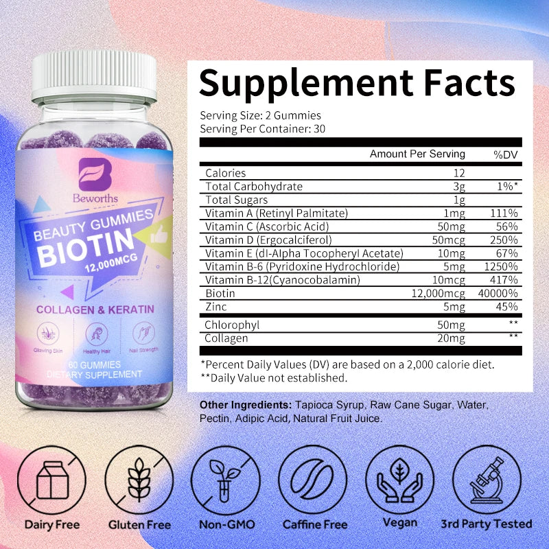 Vitamin Biotin Gummies 12,000 mcg for Stronger Hair, Skin & Nails - 60 Gummies