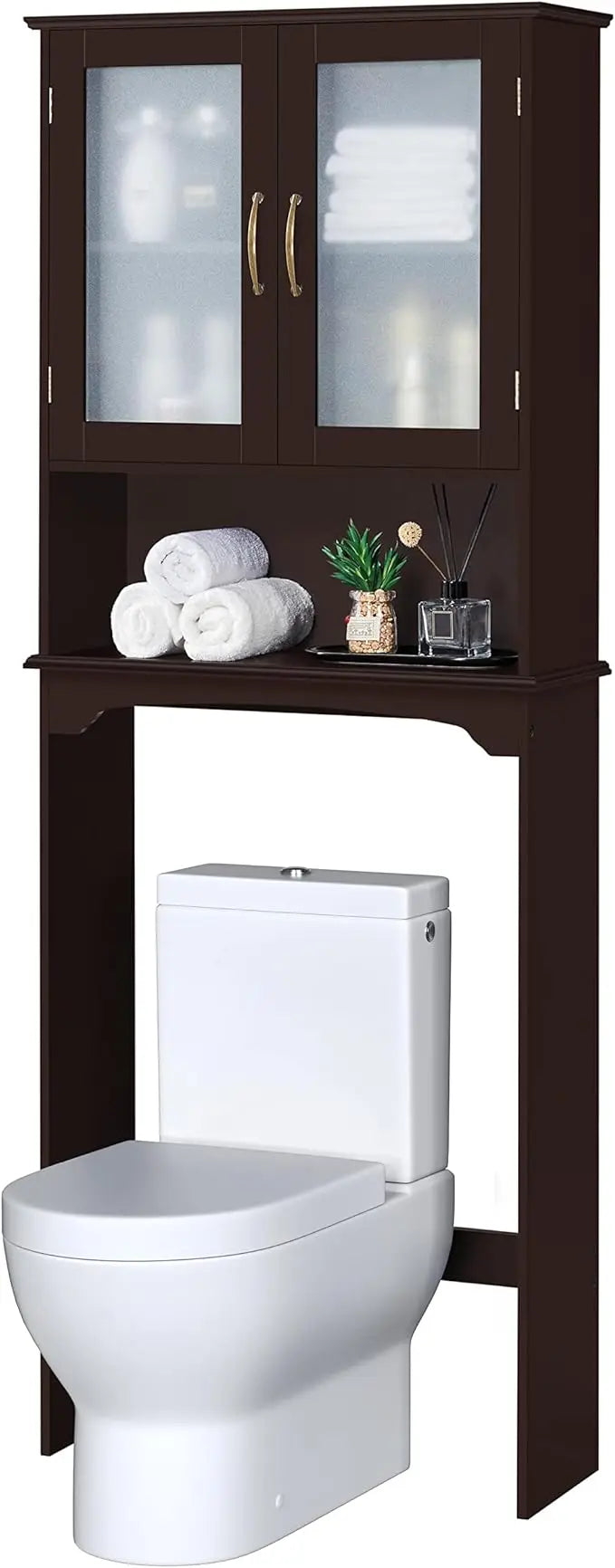 Over The Toilet Storage Cabinet with Double Tempered Glass Doors and Adjustable Shelf,