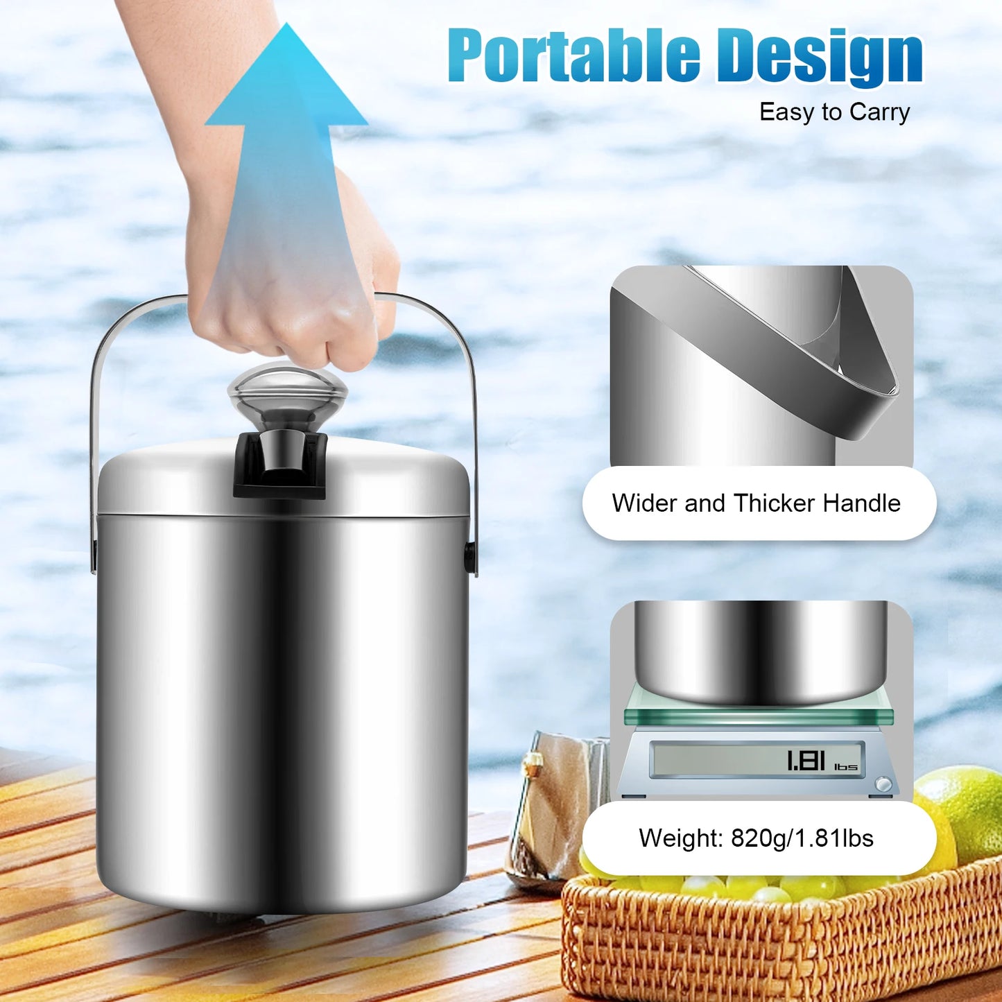 1.3L Ice Bucket Kit Stainless Steel Insulated Double-layer with Tongs