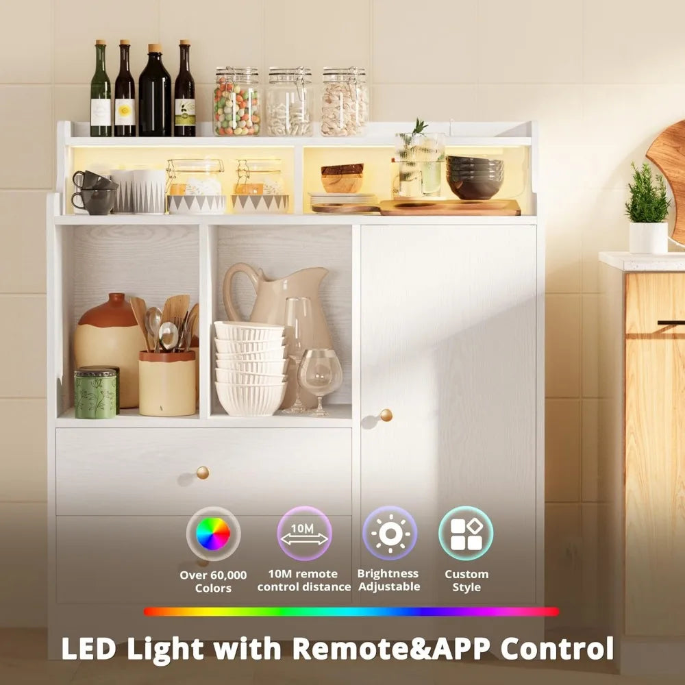 Kitchen Coffee Bar Cabinets with Storage, Liquor Cabinet with LED Lights
& Power Outlets, Adjustable Shelf, Drawers, Modern