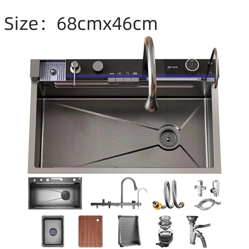 Stainless Steel Waterfall Kitchen Sink
Large Single Slot Integrated Digital Display Faucet Set Soap Dispenser Cup Washer