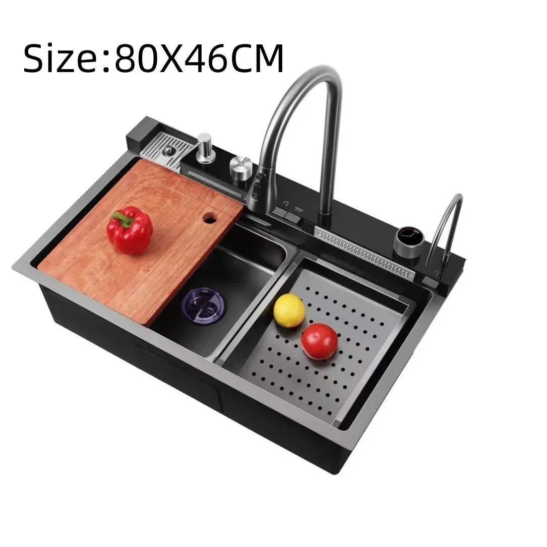 Stainless Steel Waterfall Kitchen Sink
Large Single Slot Integrated Digital Display Faucet Set Soap Dispenser Cup Washer