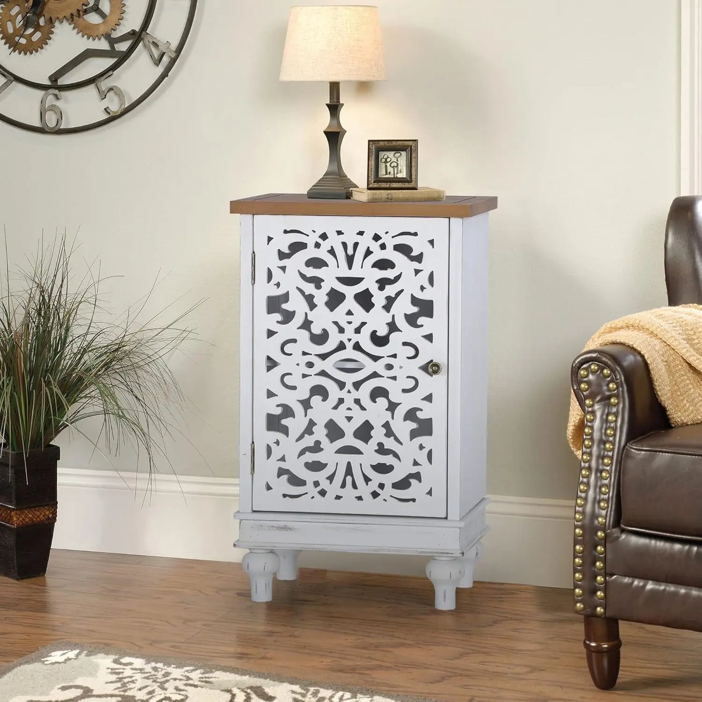 Accent Cabinet Small with Single Door, 31.5" Tall Side End Table,
Distressed Nightstand with Wooden Frame and Hollow Carved Door