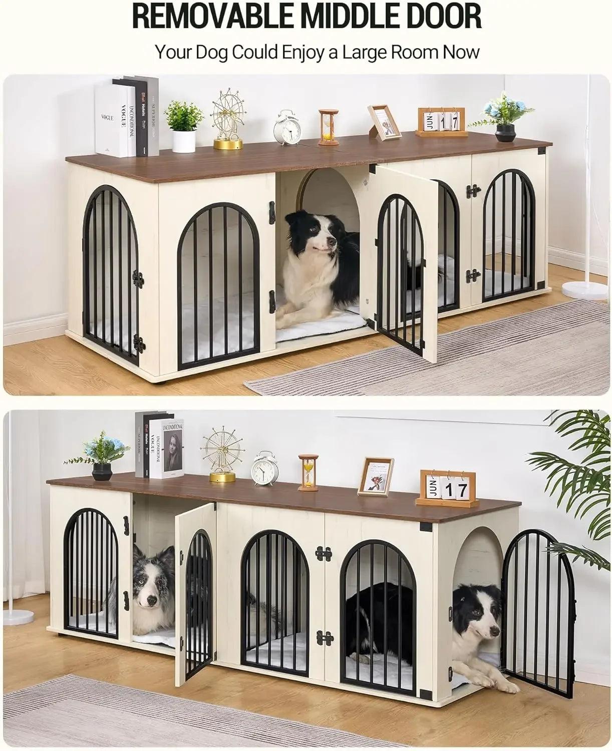 Dog Crate Furniture, 71" Heavy Duty Dog Kennels
with Divider, Pads, Side Table, TV Cabinet,Anti-Chew Anti-Escape, White Brown