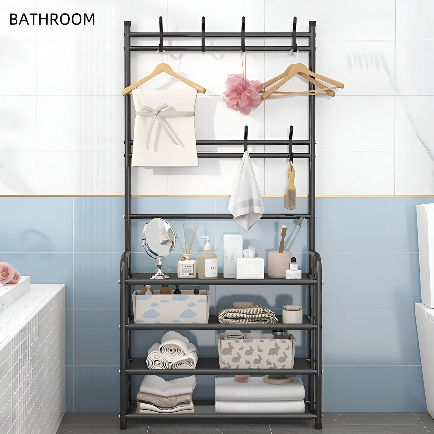 Shoe Rack Coat Rack Strand Simple Metal Storage Rack with Hooks