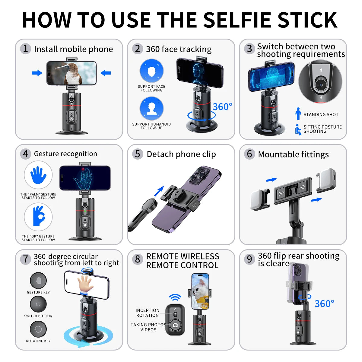 Selfieshow P02 Gimbal 360 Rotation AI Automatic Tracking Shooting Stabilizer
Detachable Phone Clip Mini Selfie Stick PhoneHolder