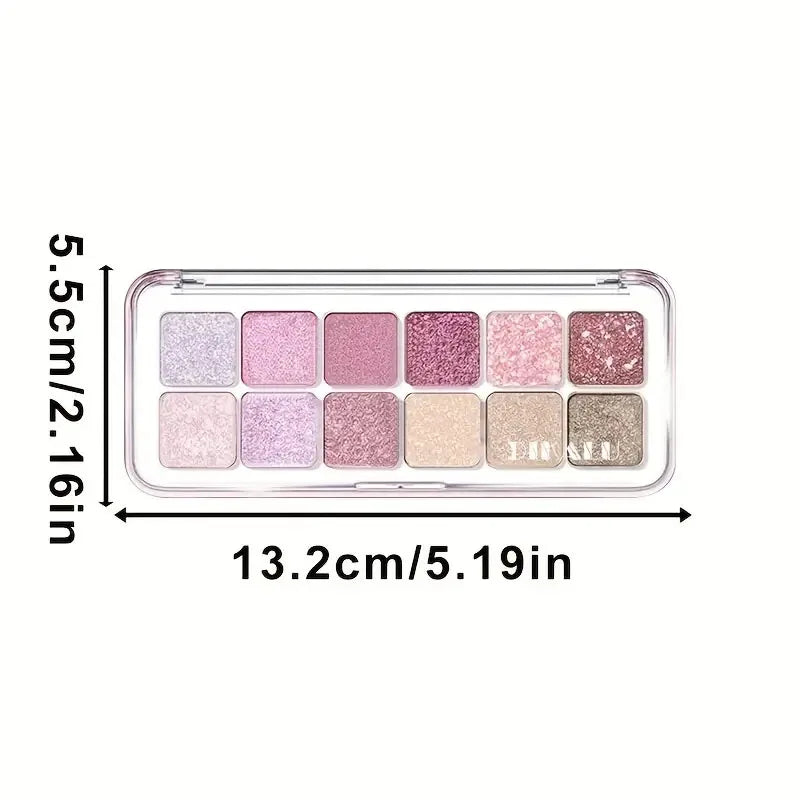 12-color eyeshadow palette - pink, white, red glitter and shimmer effects
Highly pigmented, long-lasting