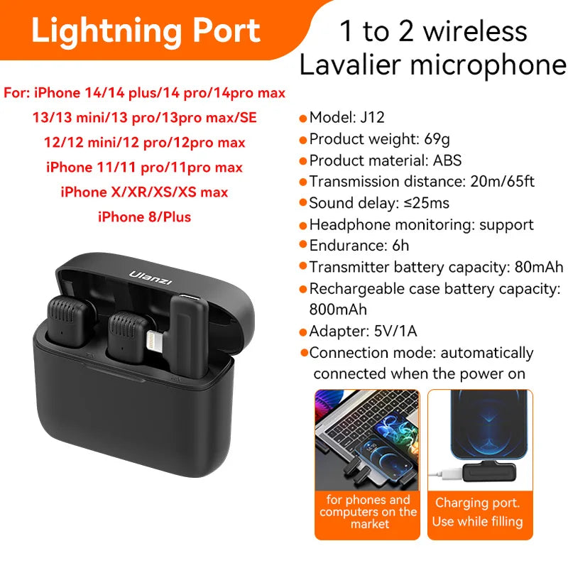 J12 Professional Wireless Lavalier Microphone For iPhone Android PC
Live Broadcast Gaming Audio Video Recording Mini Mic