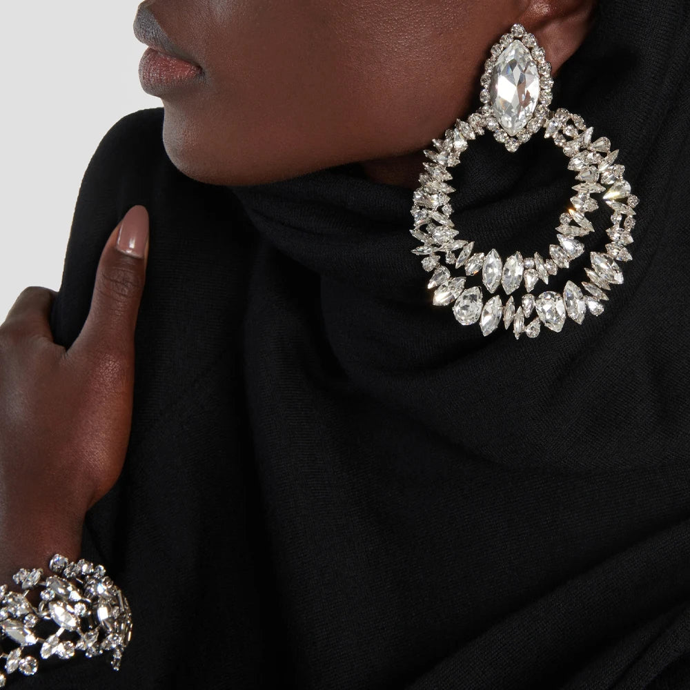 Geometric Clip on Earrings Elegant Large Rhinestones Hoop Earrings