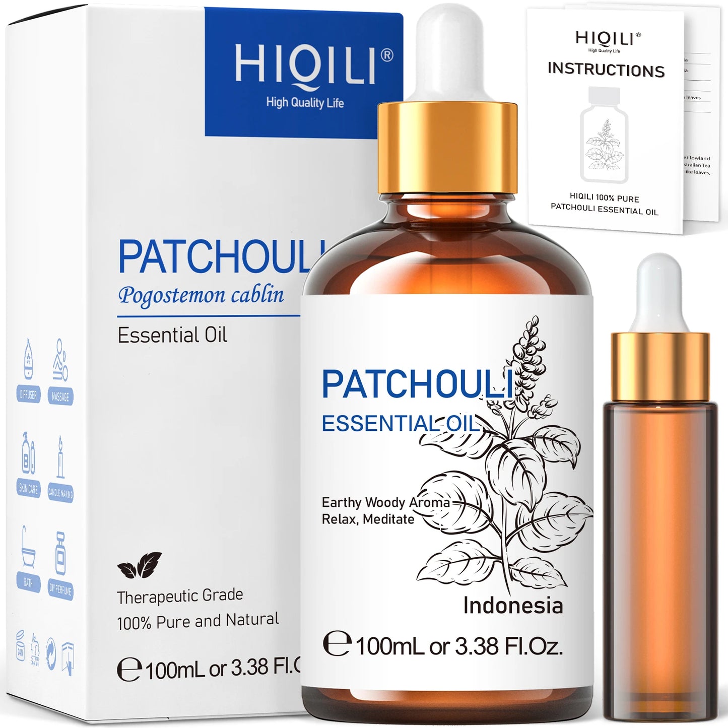 100ML Patchouli Essential Oils,100% Pure Nature for Aromatherapy, Diffuser, Humidifier, Massage, Keep happy, Candle