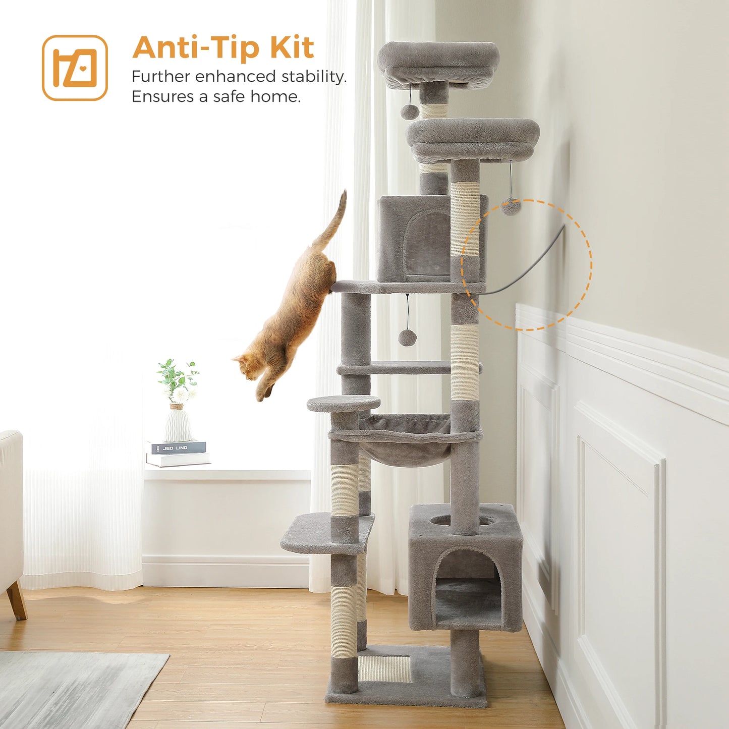 184cm Large Cat Tree and Tower for Indoor Cats With Sisal-Covered
Scratching Posts Spacious Hammock Padded Perches and Condos