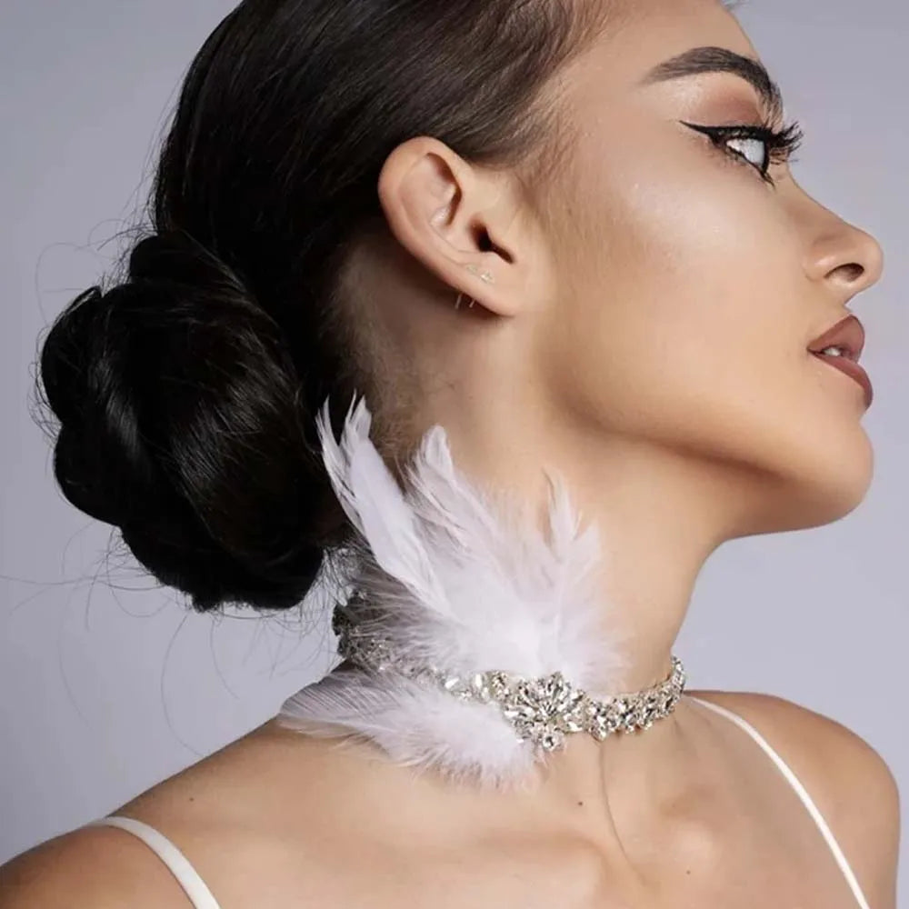Feather Geometry Choker Necklace Sexy Rhinestone Flapper headpiece.
Great Gatsby White Headband Forehead Jewelry 1920s