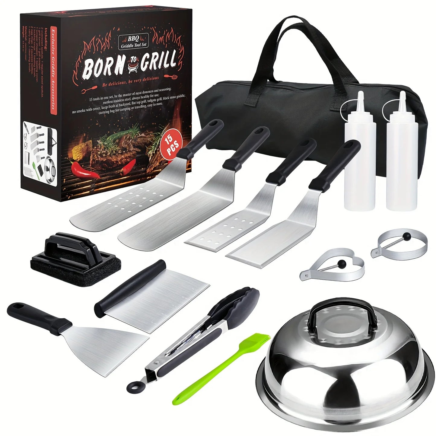 15-Piece Flat Top Grill Tool Set for Blackstone and Camping, Stainless Steel Accessory Set