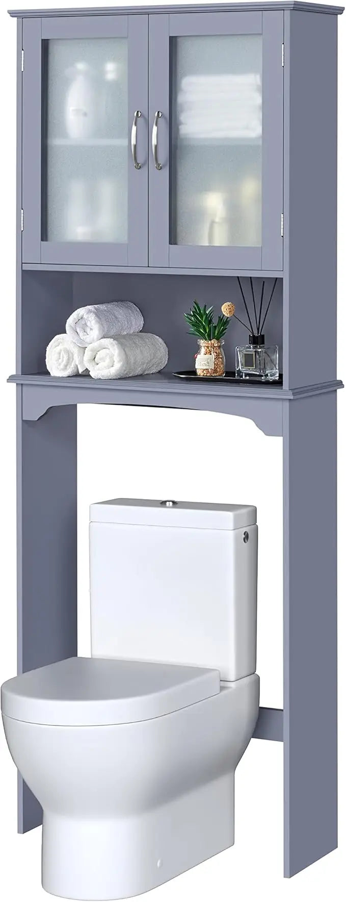 Over The Toilet Storage Cabinet with Double Tempered Glass Doors and Adjustable Shelf,