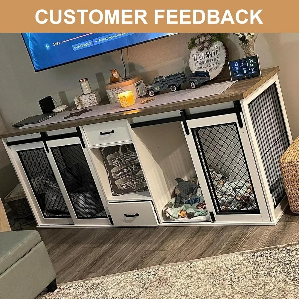 Large Dog Crate Furniture, 85" Sliding Door Double Kennel,
Wooden Dogs Crate Kennel Furniture with 4 Dog Bowls and Drawer Indoor