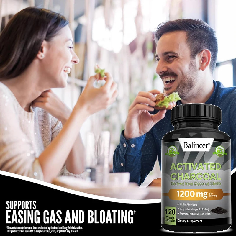 Activated Charcoal Capsules 1,200 Mg -
Organic Coconut Shell, Helps Relieve Gas & Bloating, Detox & Bowel, Digestive Supplement