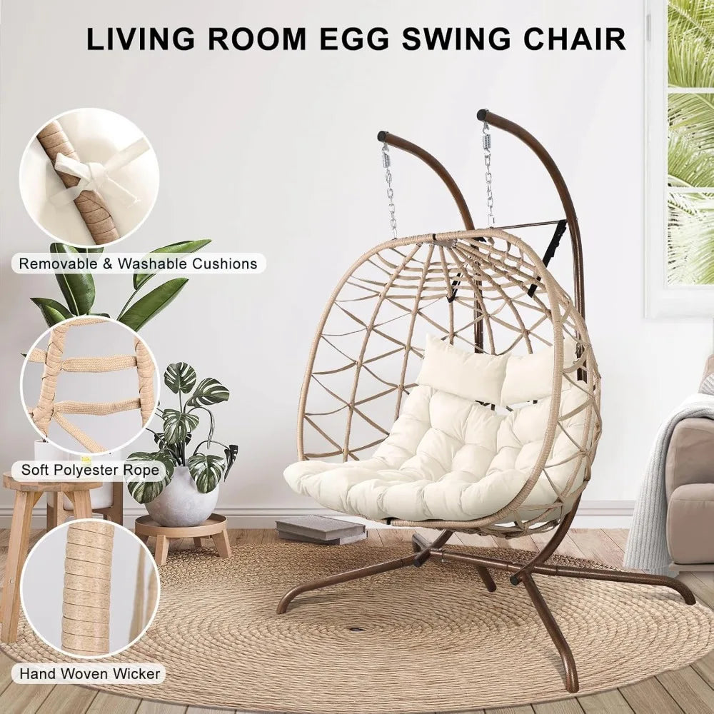 Outdoor Egg Swing Chair with Stand, 2 Person Patio Swing Chairs with Thick Cushions and Pillows