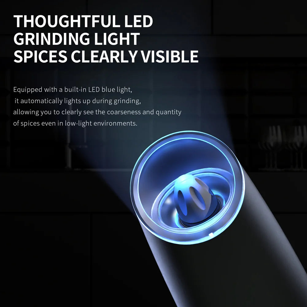 1/2pcs Gravity Electric Salt And Pepper Grinder Set,
Battery Powered LED Light One HandAutomatic Operation