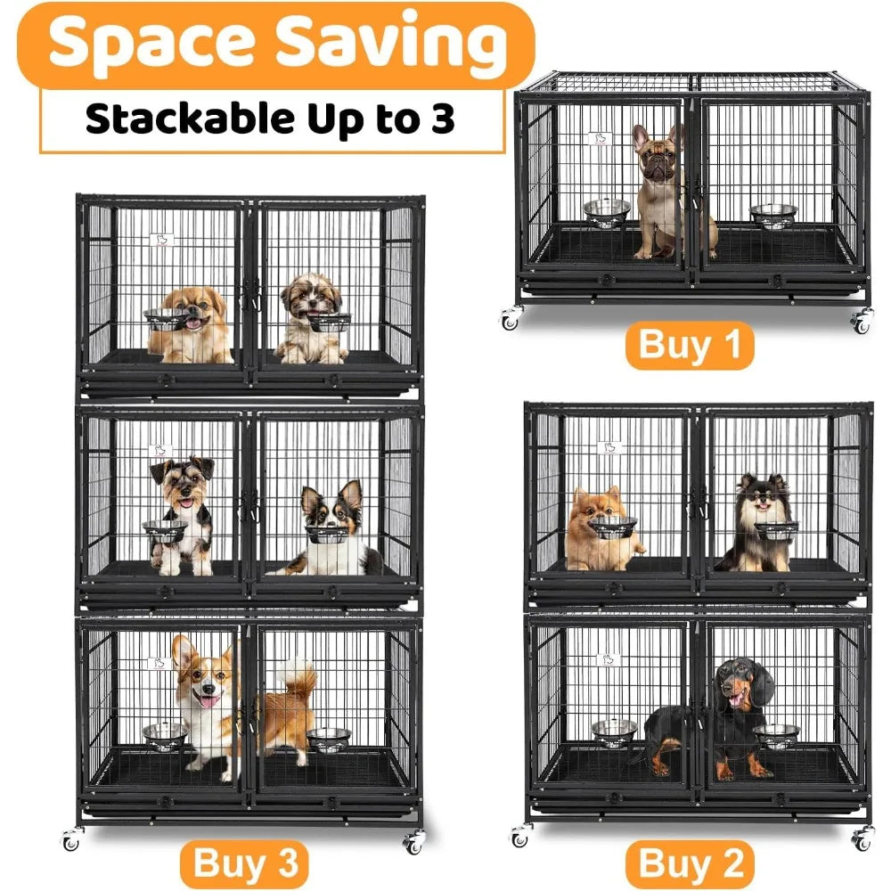 43 Inch Metal Open Top Stackable Heavy Duty Dog Cage Kennel
with Three Door, Metal Floor Grid, Divider and Feeding Bowl