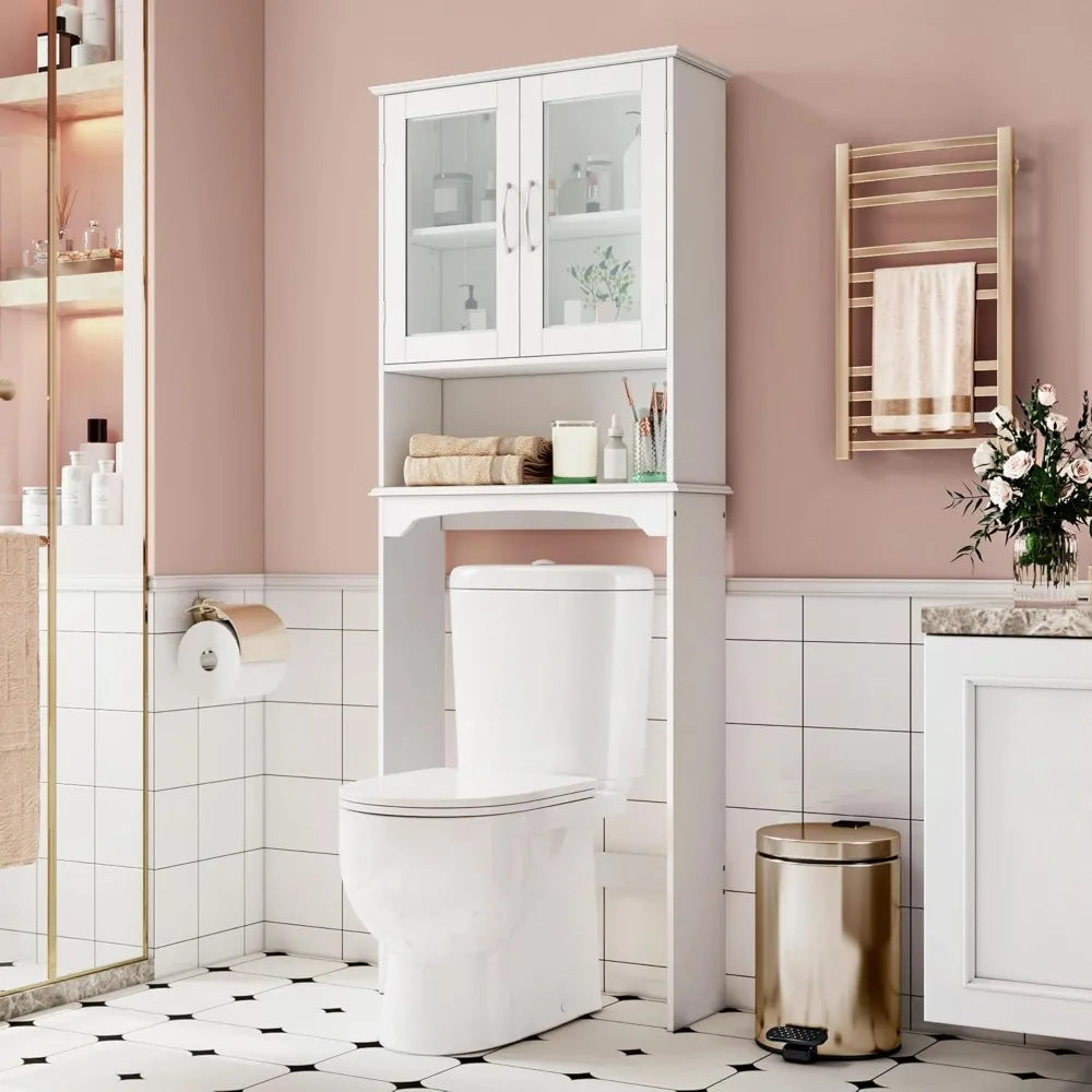 Over The Toilet Storage Cabinet with Double Tempered Glass Doors and Adjustable Shelf,