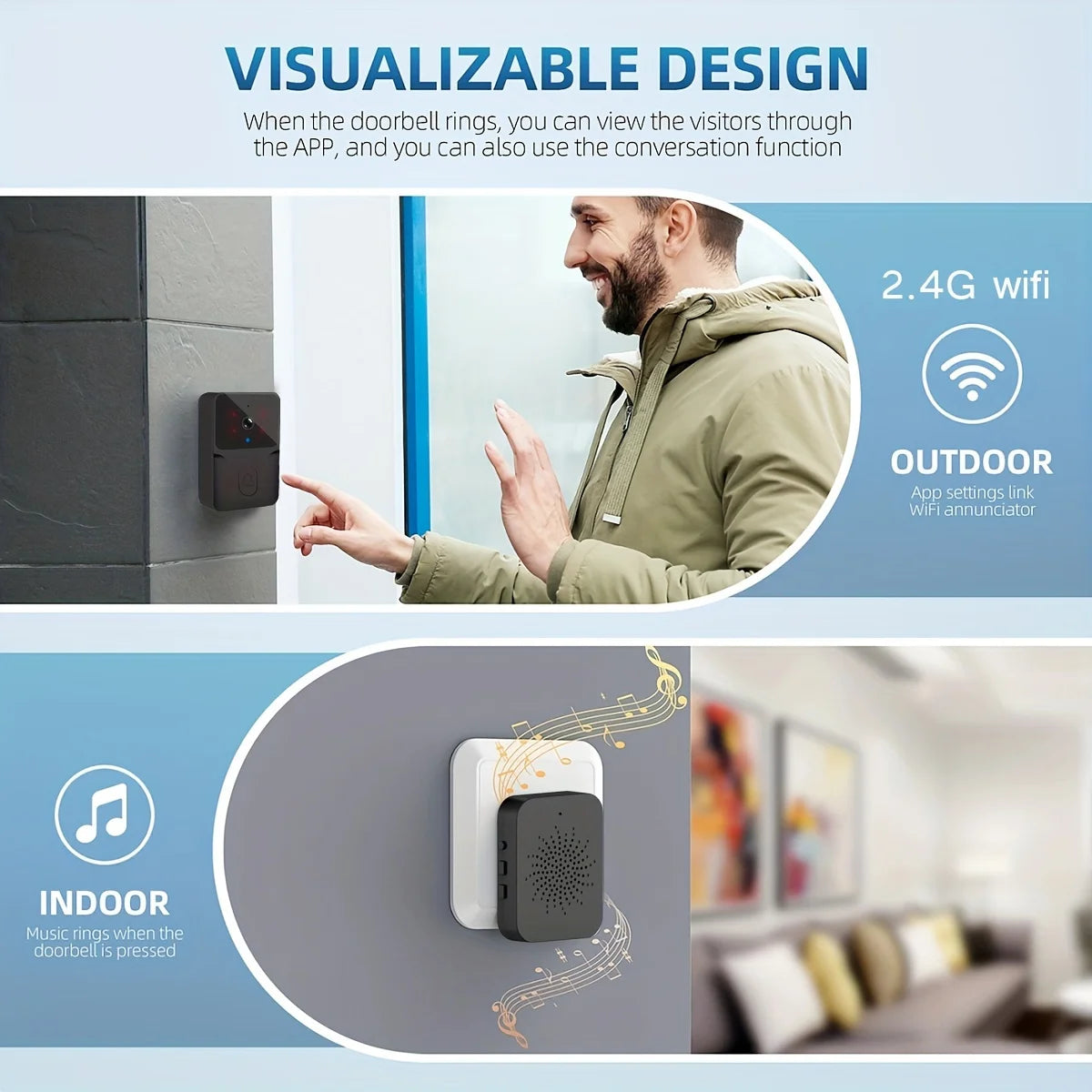Wireless smart video doorbell, 2.4G WiFi home security camera,
2-way audio, night vision, battery, secure home monitoring