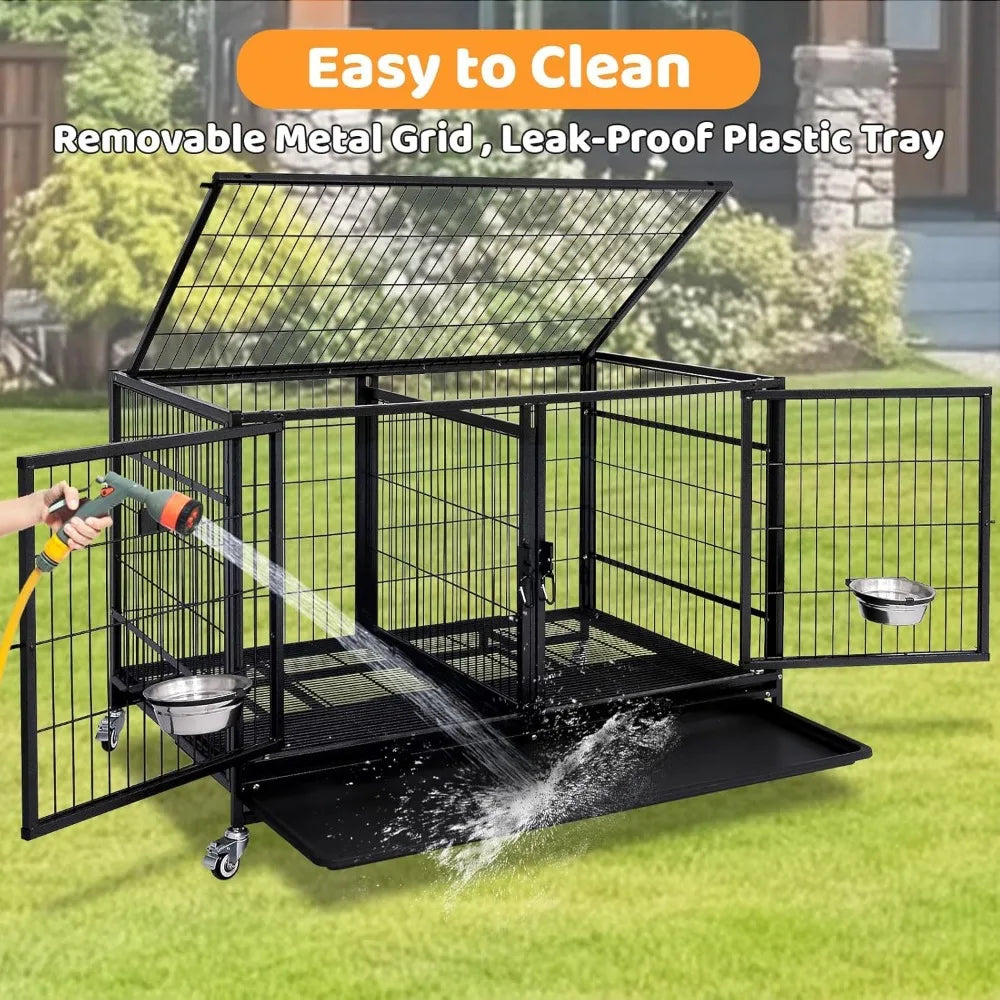 43 Inch Metal Open Top Stackable Heavy Duty Dog Cage Kennel
with Three Door, Metal Floor Grid, Divider and Feeding Bowl