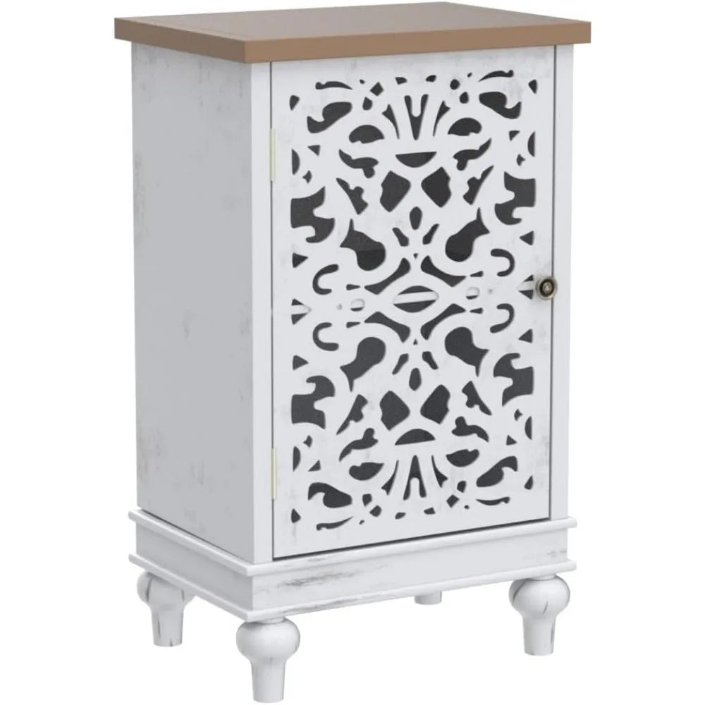 Accent Cabinet Small with Single Door, 31.5" Tall Side End Table,
Distressed Nightstand with Wooden Frame and Hollow Carved Door