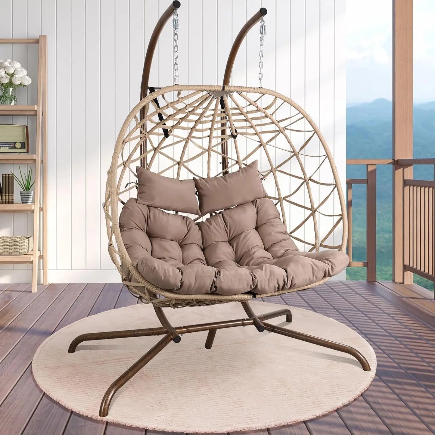 Outdoor Egg Swing Chair with Stand, 2 Person Patio Swing Chairs with Thick Cushions and Pillows