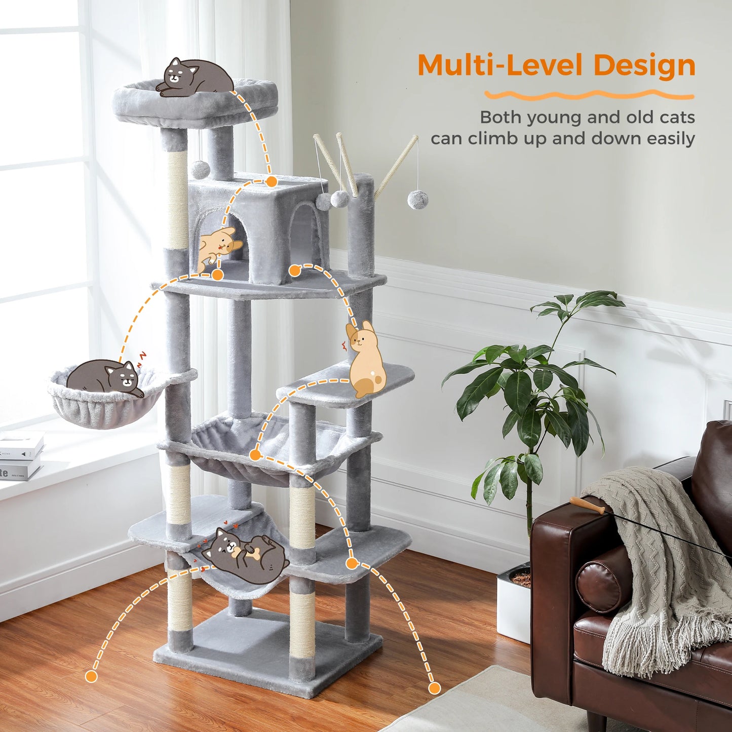 Large Multi-Level Cat Tree Tower with Scratching Posts,
cozy Hammock, Condo House, Tall Cat Scratcher for Indoor, Pet Toys