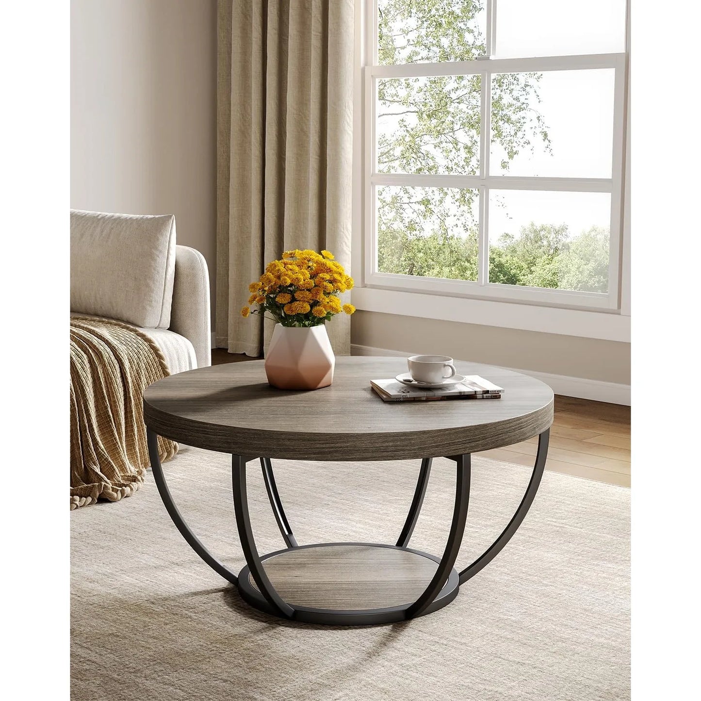 32" Circle Marble Coffee Table, 2-Tier Metal Legs Accent Center Table with Open Storage